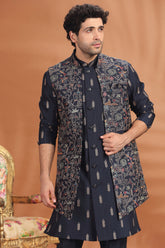 Navy Blue Silk Embroidered and Sequin Worked Jacket Indo Western Set